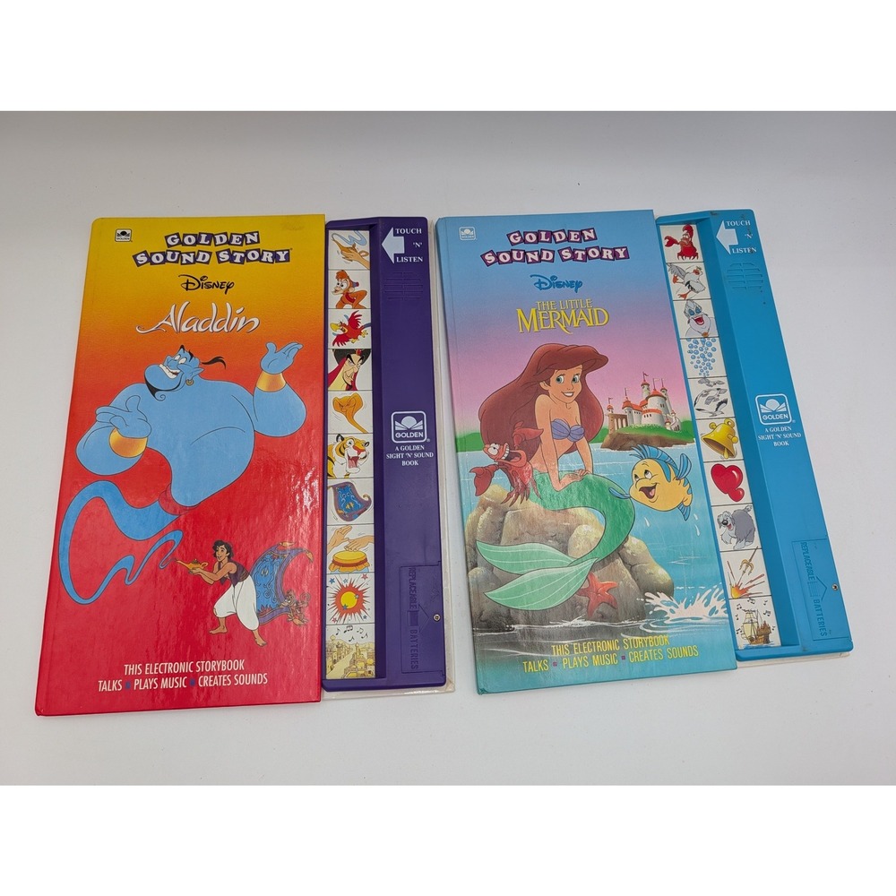 Golden Sound Story Disney Book Lot Aladdin Little Mermaid Vintage 90s Electronic